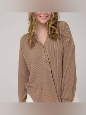 Anthropologie POL Ribbed Henley Top in Taupe